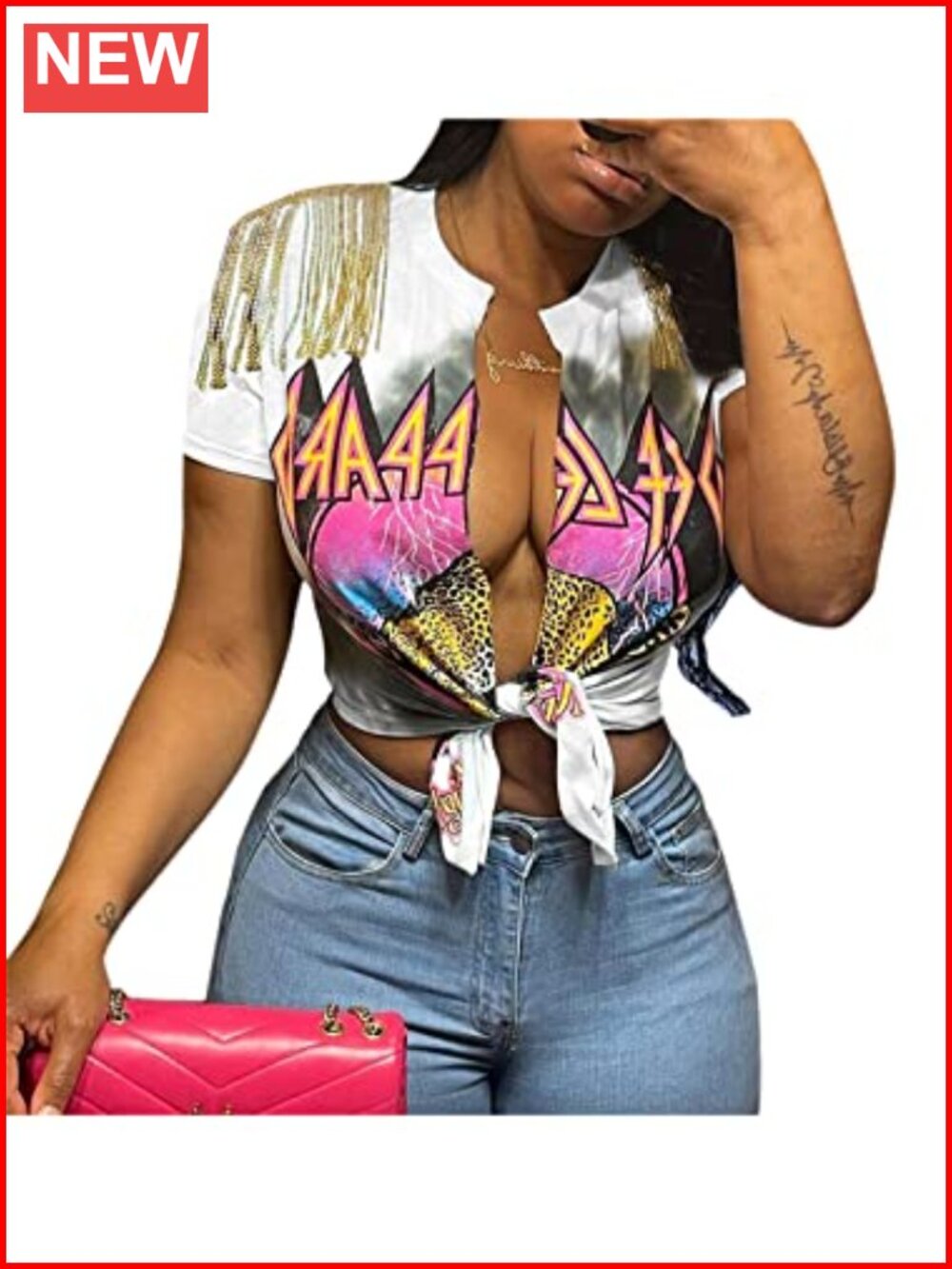 Women Graphic Tee Low Cut V Neck Knot Front Crop Top